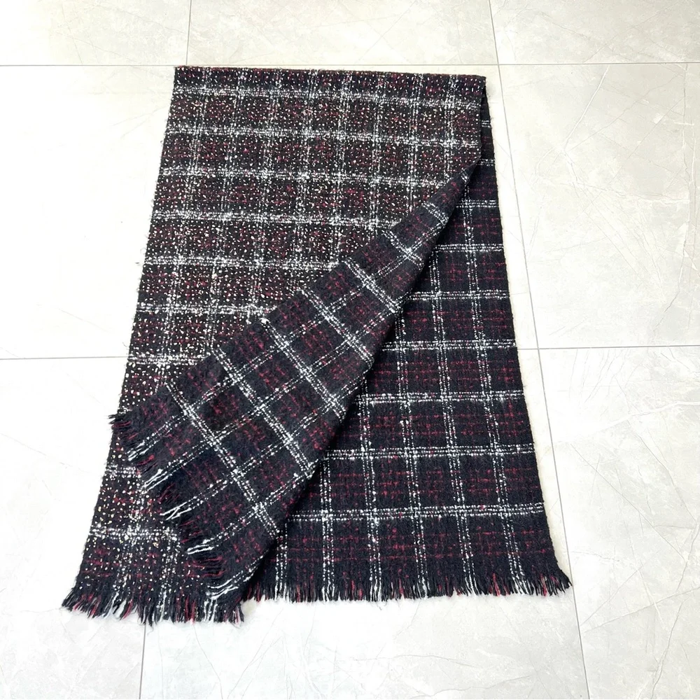 MICHAEL KORS Multicolored Plaid Tweed Gold Foil Knit Soft Long Shawl Wrap Scarf